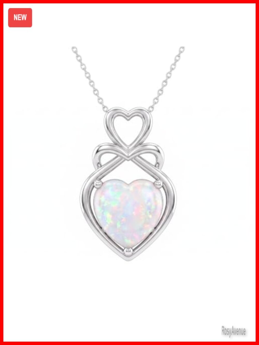 14K White Gold Plated Opal Heart Pendant Necklace 18+2" Adjustable Lobster Clasp